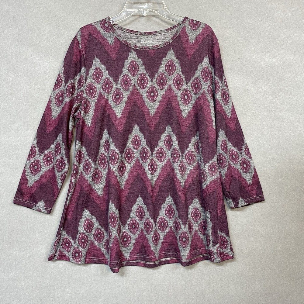 Kim Rogers Womens M Blouse Purple Gray Zigzag 90s Style Funky 3/4 Sleeve